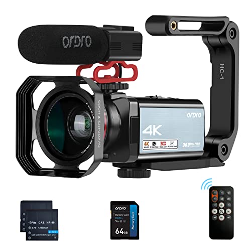 ORDRO 4K Camcorder Video Camera New 1080P 60FPS 30X Digital Zoom Vlog Camera IR Night Vision WiFi Camcorder with Mic, Wide Angle Lens, Handheld Holder, 64GB SD Card