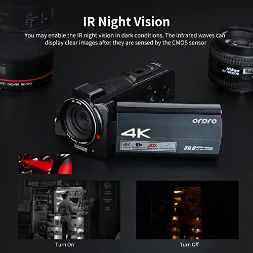 ORDRO 4K Camcorder Video Camera New 1080P 60FPS 30X Digital Zoom Vlog Camera IR Night Vision WiFi Camcorder with Mic, Wide Angle Lens, Handheld Holder, 64GB SD Card