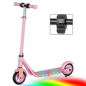 kids electric scooter ages 6-12 gobazaar, colorful led lights, up to 8-10 mph & 7.5 miles,150w electric scooter for kids with 3-speed adjustment,4-height (pink)