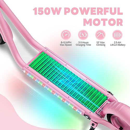 Kids Electric Scooter Ages 6-12 Gobazaar, Colorful LED Lights, Up to 8-10 MPH & 7.5 Miles,150W Electric Scooter for Kids with 3-Speed Adjustment,4-Height (Pink)