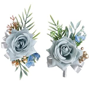 lengenyen 2pcs airy blue corsage and boutonniere set, artificial rose wedding wrist flower and men's boutonniere for wedding ceremony anniversary formal dinner party