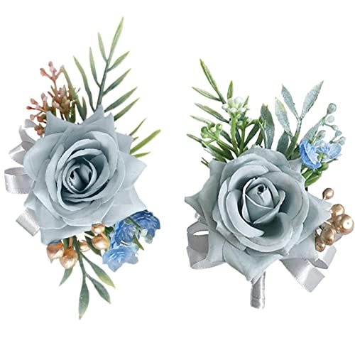 lengenyen 2pcs Airy Blue Corsage and Boutonniere Set, Artificial Rose Wedding Wrist Flower and Men's Boutonniere for Wedding Ceremony Anniversary Formal Dinner Party