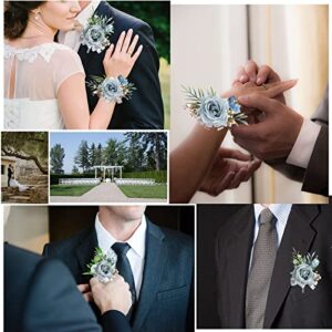 lengenyen 2pcs Airy Blue Corsage and Boutonniere Set, Artificial Rose Wedding Wrist Flower and Men's Boutonniere for Wedding Ceremony Anniversary Formal Dinner Party