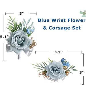 lengenyen 2pcs Airy Blue Corsage and Boutonniere Set, Artificial Rose Wedding Wrist Flower and Men's Boutonniere for Wedding Ceremony Anniversary Formal Dinner Party