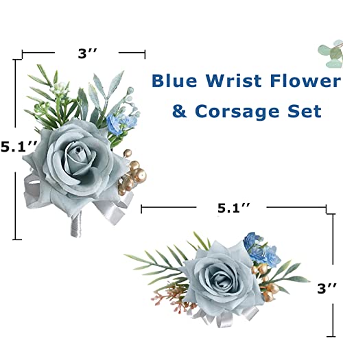 lengenyen 2pcs Airy Blue Corsage and Boutonniere Set, Artificial Rose Wedding Wrist Flower and Men's Boutonniere for Wedding Ceremony Anniversary Formal Dinner Party