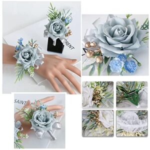 lengenyen 2pcs Airy Blue Corsage and Boutonniere Set, Artificial Rose Wedding Wrist Flower and Men's Boutonniere for Wedding Ceremony Anniversary Formal Dinner Party