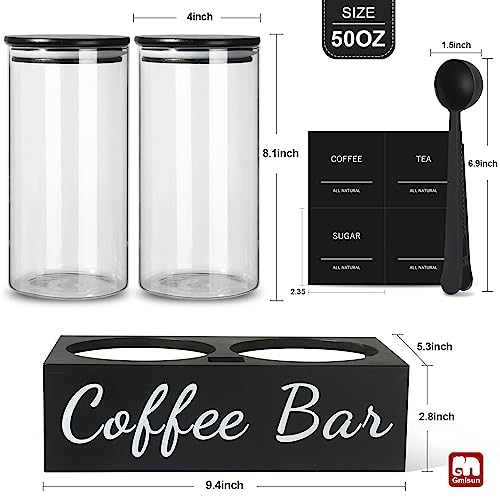 GMISUN Coffee Containers, 2Pcs 50oz Black Glass Coffee Bean Storage Canister with Airtight Lid, Coffee Sugar Container Set with Shelf, Scoop&Label, Coffee Jar for Coffee Bar Ground Coffee Sugar Tea