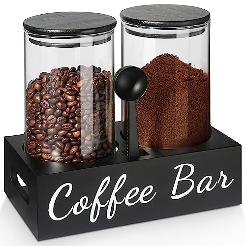 GMISUN Coffee Containers, 2Pcs 50oz Black Glass Coffee Bean Storage Canister with Airtight Lid, Coffee Sugar Container Set with Shelf, Scoop&Label, Coffee Jar for Coffee Bar Ground Coffee Sugar Tea