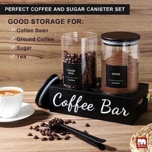 GMISUN Coffee Containers, 2Pcs 50oz Black Glass Coffee Bean Storage Canister with Airtight Lid, Coffee Sugar Container Set with Shelf, Scoop&Label, Coffee Jar for Coffee Bar Ground Coffee Sugar Tea