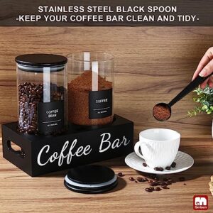 GMISUN Coffee Containers, 2Pcs 50oz Black Glass Coffee Bean Storage Canister with Airtight Lid, Coffee Sugar Container Set with Shelf, Scoop&Label, Coffee Jar for Coffee Bar Ground Coffee Sugar Tea