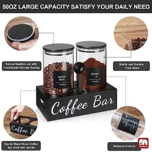 GMISUN Coffee Containers, 2Pcs 50oz Black Glass Coffee Bean Storage Canister with Airtight Lid, Coffee Sugar Container Set with Shelf, Scoop&Label, Coffee Jar for Coffee Bar Ground Coffee Sugar Tea