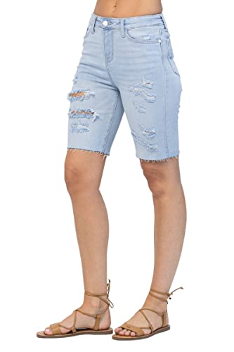 Judy Blue Women's High-Rise Destroyed Cutoff Bermuda Shorts (Light Blue, Large)