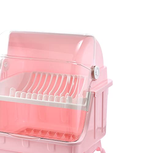 Pilipane Dish Drying Rack, Dish Rack with Cover, Cutlery Dish Drainer Rack with Lid Cover,Over The Sink Dish Drying Rack, Multifunctional Kitchen Tableware Storage Box(Pink)