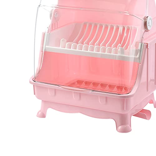 Pilipane Dish Drying Rack, Dish Rack with Cover, Cutlery Dish Drainer Rack with Lid Cover,Over The Sink Dish Drying Rack, Multifunctional Kitchen Tableware Storage Box(Pink)