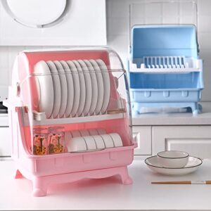 Pilipane Dish Drying Rack, Dish Rack with Cover, Cutlery Dish Drainer Rack with Lid Cover,Over The Sink Dish Drying Rack, Multifunctional Kitchen Tableware Storage Box(Pink)