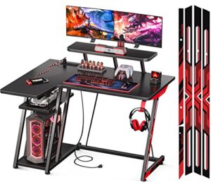 motpk gaming desk with power outlet, l shaped with pc shelf, gaming table desk with monitor shelf, gamer desk with carbon fiber texture, desk gaming computer desk, black, 39 inch