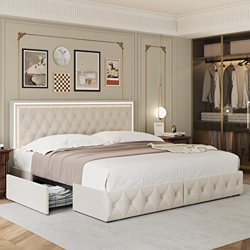 Keyluv Queen Upholstered LED Bed Frame with 4 Drawers, Velvet Platform Storage Bed with Adjustable Button Tufted Headboard and Solid Wooden Slats Support, No Box Spring Needed, Beige