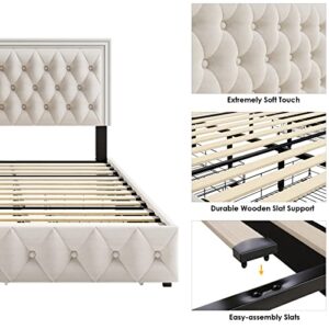 Keyluv Queen Upholstered LED Bed Frame with 4 Drawers, Velvet Platform Storage Bed with Adjustable Button Tufted Headboard and Solid Wooden Slats Support, No Box Spring Needed, Beige