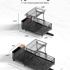 ACMETOP Dish Drying Rack, Expandable 2 Tier Large Dish Rack for Kitchen Counter, Rustproof Dish Dryer Rack with Drainboard, Cutlery & Cup Holders, Dish Drainer for Dishes, Knives, Spoon, Black