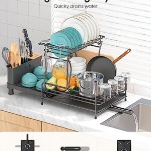 ACMETOP Dish Drying Rack, Expandable 2 Tier Large Dish Rack for Kitchen Counter, Rustproof Dish Dryer Rack with Drainboard, Cutlery & Cup Holders, Dish Drainer for Dishes, Knives, Spoon, Black