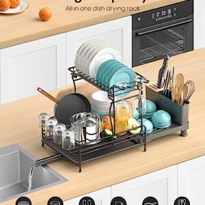 ACMETOP Dish Drying Rack, Expandable 2 Tier Large Dish Rack for Kitchen Counter, Rustproof Dish Dryer Rack with Drainboard, Cutlery & Cup Holders, Dish Drainer for Dishes, Knives, Spoon, Black