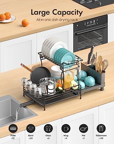 ACMETOP Dish Drying Rack, Expandable 2 Tier Large Dish Rack for Kitchen Counter, Rustproof Dish Dryer Rack with Drainboard, Cutlery & Cup Holders, Dish Drainer for Dishes, Knives, Spoon, Black