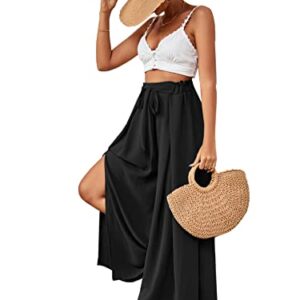 LYANER Women's Tie Front High Waist Side Split Slit Flowy Wide Leg Pleated Pant with Belt Solid Black XX-Large