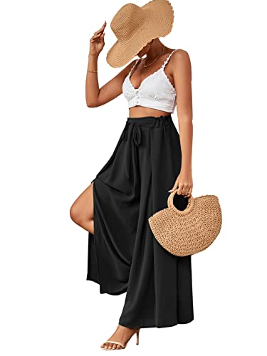 LYANER Women's Tie Front High Waist Side Split Slit Flowy Wide Leg Pleated Pant with Belt Solid Black XX-Large