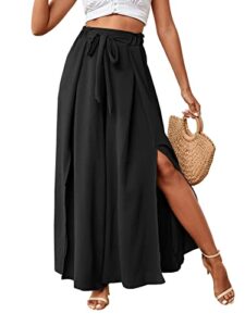 lyaner women's tie front high waist side split slit flowy wide leg pleated pant with belt solid black xx-large