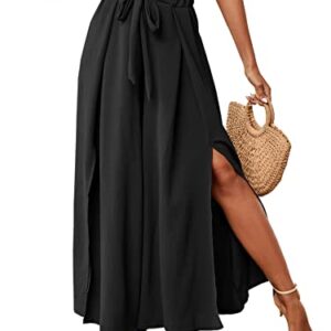 LYANER Women's Tie Front High Waist Side Split Slit Flowy Wide Leg Pleated Pant with Belt Solid Black XX-Large