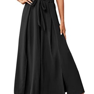 LYANER Women's Tie Front High Waist Side Split Slit Flowy Wide Leg Pleated Pant with Belt Solid Black XX-Large