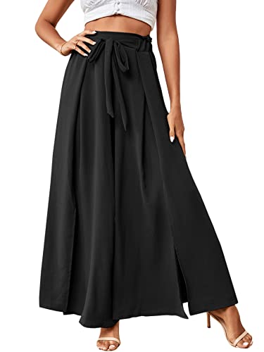 LYANER Women's Tie Front High Waist Side Split Slit Flowy Wide Leg Pleated Pant with Belt Solid Black XX-Large