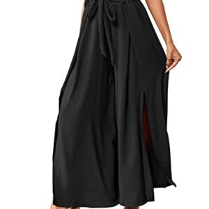 LYANER Women's Tie Front High Waist Side Split Slit Flowy Wide Leg Pleated Pant with Belt Solid Black XX-Large