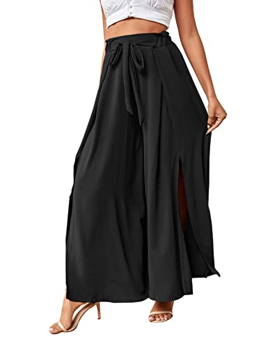 LYANER Women's Tie Front High Waist Side Split Slit Flowy Wide Leg Pleated Pant with Belt Solid Black XX-Large