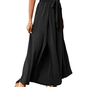 LYANER Women's Tie Front High Waist Side Split Slit Flowy Wide Leg Pleated Pant with Belt Solid Black XX-Large