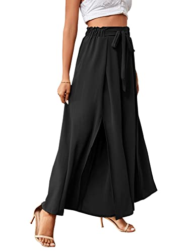 LYANER Women's Tie Front High Waist Side Split Slit Flowy Wide Leg Pleated Pant with Belt Solid Black XX-Large