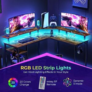 Rolanstar L Shaped Gaming Desk with LED Lights & Power Outlets, 55.1" Computer Desk with Full Monitor Stand & Storage Shelf, Corner Desk with Hooks, Rustic Brown Desk Reversible