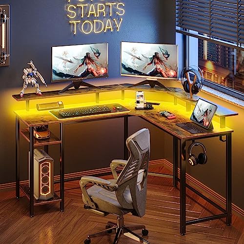 Rolanstar L Shaped Gaming Desk with LED Lights & Power Outlets, 55.1" Computer Desk with Full Monitor Stand & Storage Shelf, Corner Desk with Hooks, Rustic Brown Desk Reversible
