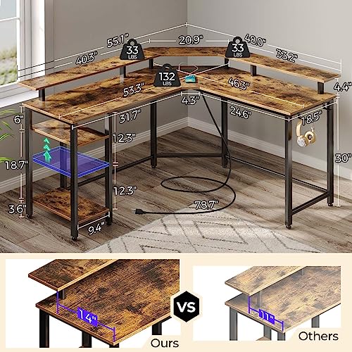 Rolanstar L Shaped Gaming Desk with LED Lights & Power Outlets, 55.1" Computer Desk with Full Monitor Stand & Storage Shelf, Corner Desk with Hooks, Rustic Brown Desk Reversible