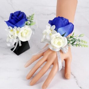 ykybhx 2pcs wrist flower and corsage rose wrist corsage boutonniere set wrist flower corsage wristlet band bracelets and men's boutonniere for groom groomsman brides wedding prom party decor,03