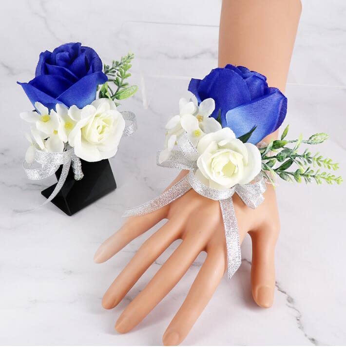 Ykybhx 2PCS Wrist Flower and Corsage Rose Wrist Corsage Boutonniere Set Wrist Flower Corsage Wristlet Band Bracelets and Men's Boutonniere for Groom Groomsman Brides Wedding Prom Party Decor,03