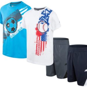 New Balance Boys' Active Shorts Set - 4 Piece Short Sleeve T-Shirt and Gym Shorts (8-20), Size 10, Sky/White