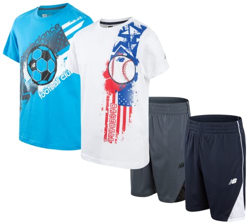 New Balance Boys' Active Shorts Set - 4 Piece Short Sleeve T-Shirt and Gym Shorts (8-20), Size 10, Sky/White