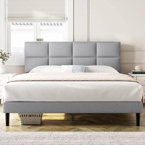 molblly queen bed frame upholstered platform with headboard, strong frame and wooden slats support, linen fabric wrap, non-slip and noise-free,no box spring needed, easy assembly, light grey