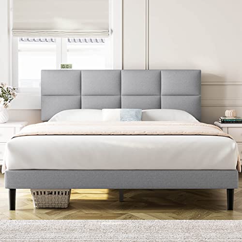 Molblly Queen Bed Frame Upholstered Platform with Headboard, Strong Frame and Wooden Slats Support, Linen Fabric Wrap, Non-Slip and Noise-Free,No Box Spring Needed, Easy Assembly, Light Grey