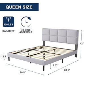 Molblly Queen Bed Frame Upholstered Platform with Headboard, Strong Frame and Wooden Slats Support, Linen Fabric Wrap, Non-Slip and Noise-Free,No Box Spring Needed, Easy Assembly, Light Grey