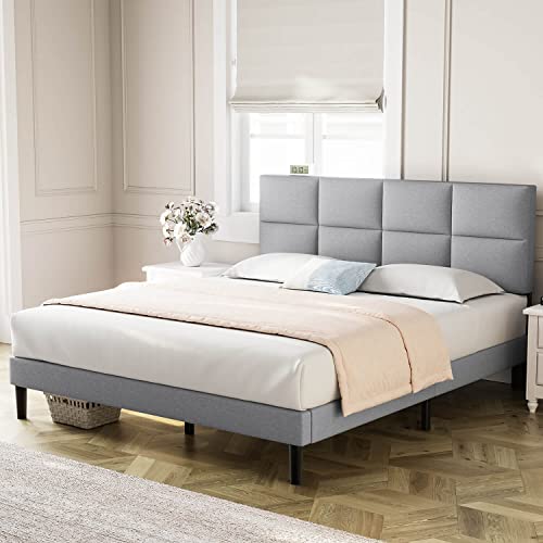 Molblly Queen Bed Frame Upholstered Platform with Headboard, Strong Frame and Wooden Slats Support, Linen Fabric Wrap, Non-Slip and Noise-Free,No Box Spring Needed, Easy Assembly, Light Grey