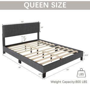 Fluest Queen Bed Frame Upholstered Bed Frame Platform with Adjustable Headboard Linen Fabric Headboard Wooden Slats Support/No Box Spring Needed/Easy Assembly/Mattress Foundation, Grey