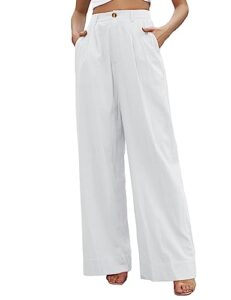 kocowoo linen wide leg dress pants for women high waisted palazzo pants casual lounge beach trousers with pocket. white