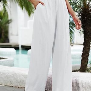 Kocowoo Linen Wide Leg Dress Pants for Women High Waisted Palazzo Pants Casual Lounge Beach Trousers with Pocket. White